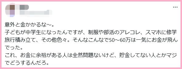 意外と金かかるな~。
子どもが中学生になったんですが、制服や部活のアレコレ、スマホに修学旅行積み立て、その他色々。そんなこんなで50~60万は一気にお金が飛んでった。
これ、お金に余裕がある人は全然問題ないけど、貯金してない人とかマジでどうするんだろ。